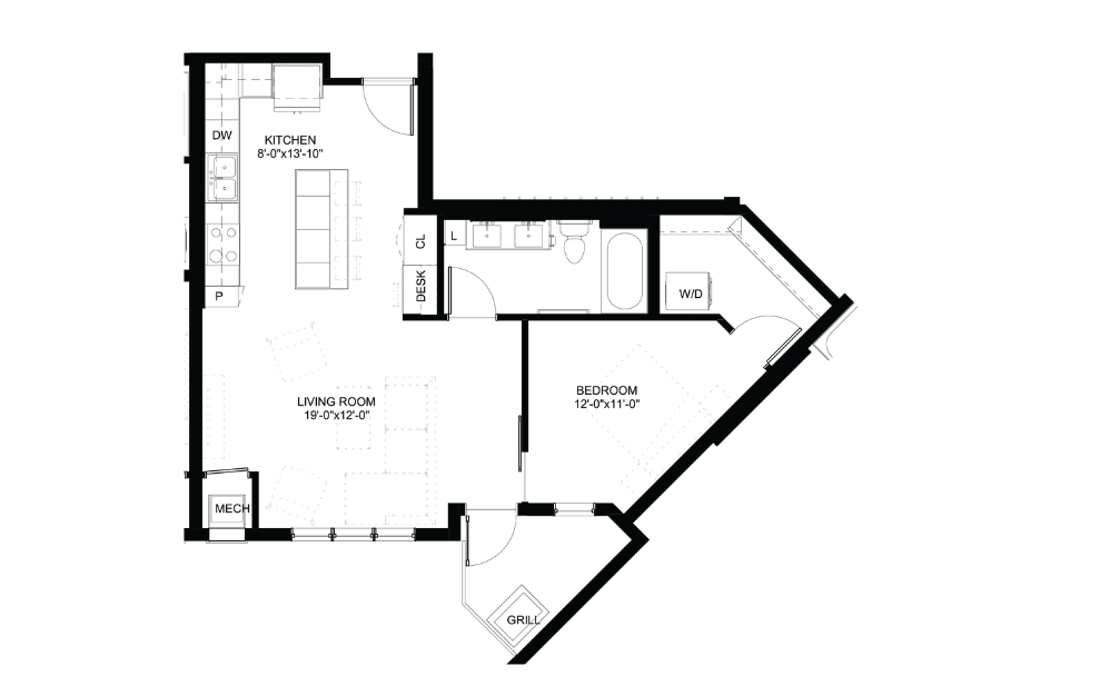 Bluebell - 1 bedroom floorplan layout with 1 bath and 757 square feet.