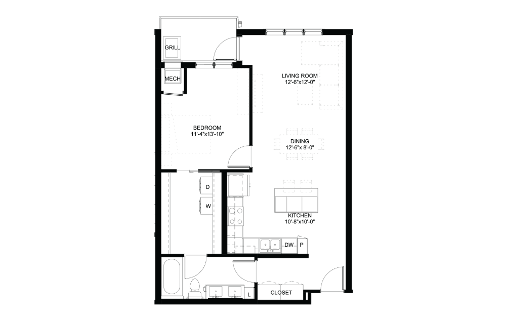 Clover - A  - 1 bedroom floorplan layout with 1 bath and 832 square feet.