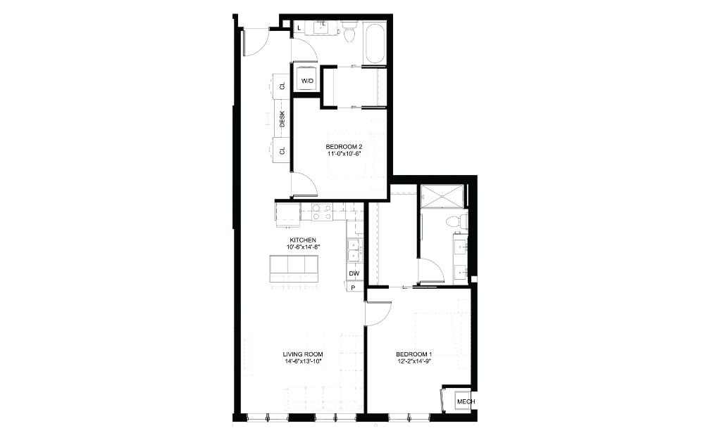 Foxglove - 2 bedroom floorplan layout with 2 baths and 1131 square feet.