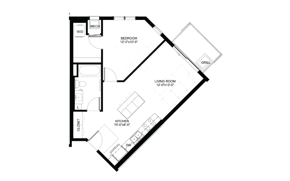 Geranium - A - 1 bedroom floorplan layout with 1 bath and 685 square feet.