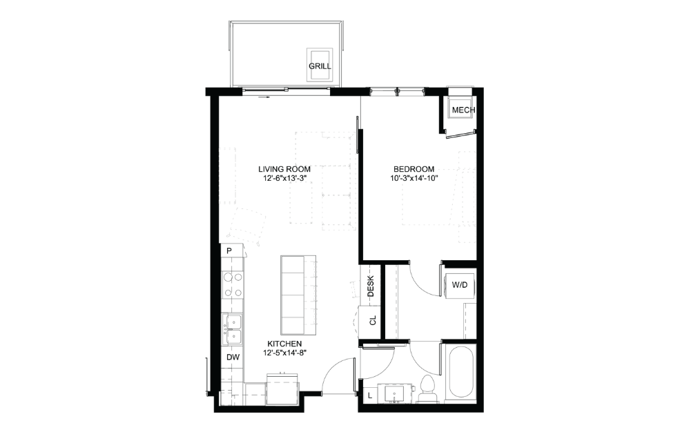 Iris - A - 1 bedroom floorplan layout with 1 bath and 688 square feet.