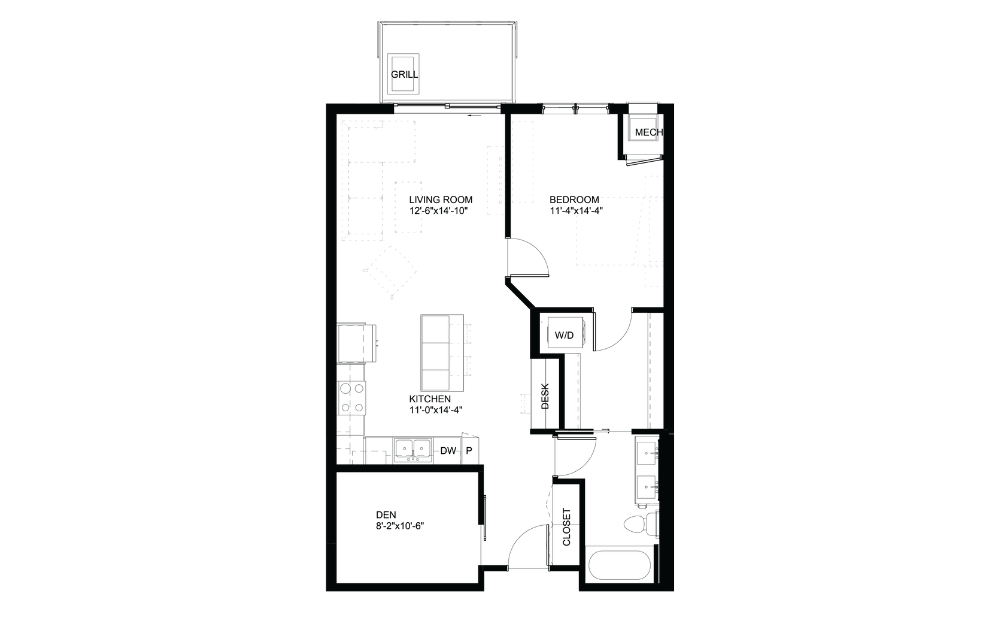 Ivy - A - 1 bedroom floorplan layout with 1 bath and 833 square feet.