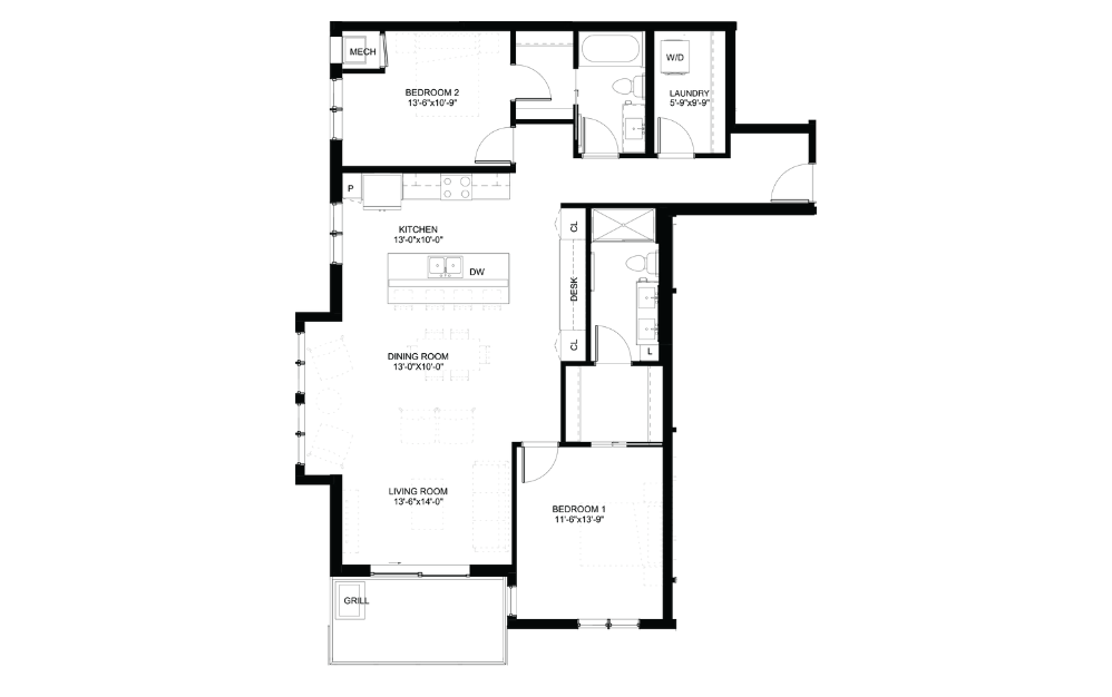 Lilac - 2 bedroom floorplan layout with 2 baths and 1376 square feet.
