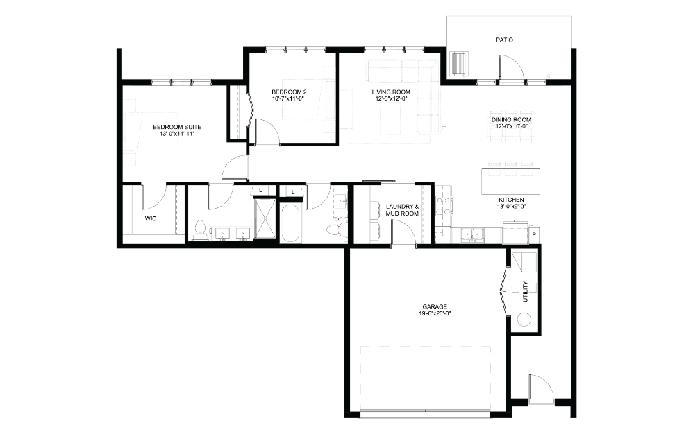 Primrose - ACC - 2 bedroom floorplan layout with 2 baths and 1400 square feet.