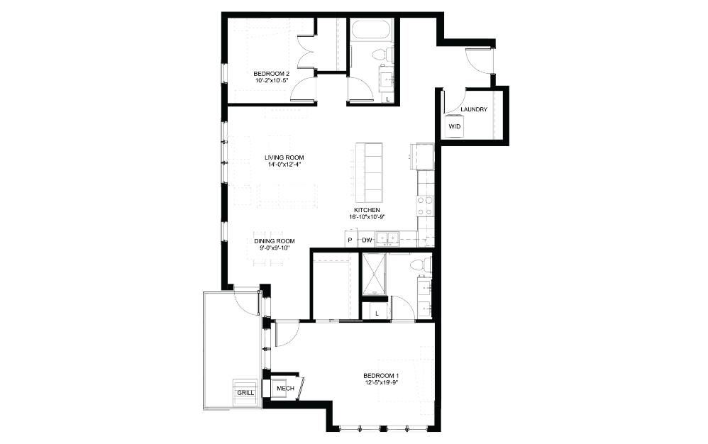 Sunflower - 2 bedroom floorplan layout with 2 baths and 1294 square feet.